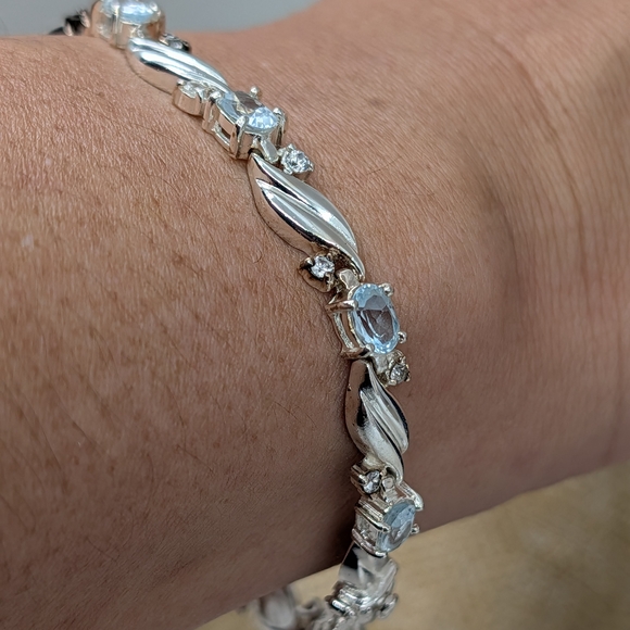 Jewelry - 925 Sterling Silver Blue Topaz & CZ Link Bracelet 8” | Twisted Leaf Design